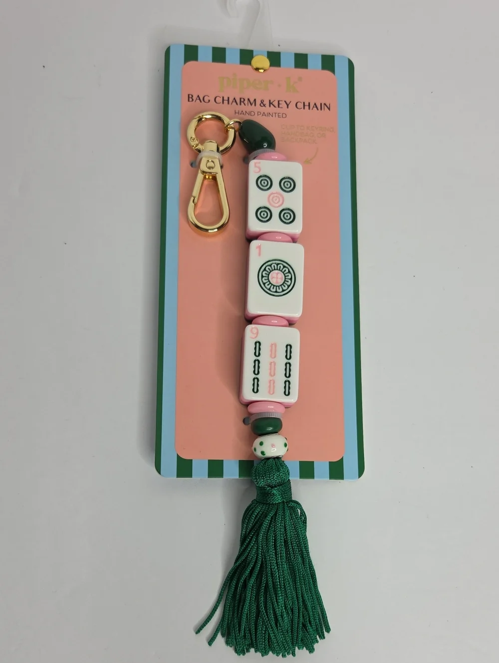 Piper K Mahjong Tile Bag Charm & Key Chain Green Tassel NEW